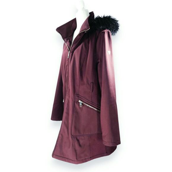 Guess Faux Fur Hood Softshell Parka Jacket Pockets Burgundy Wine XXL Gorpcore - Picture 2 of 15